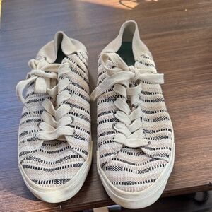 SeaVees Beige and Black Striped Sneakers with Suede Heel.